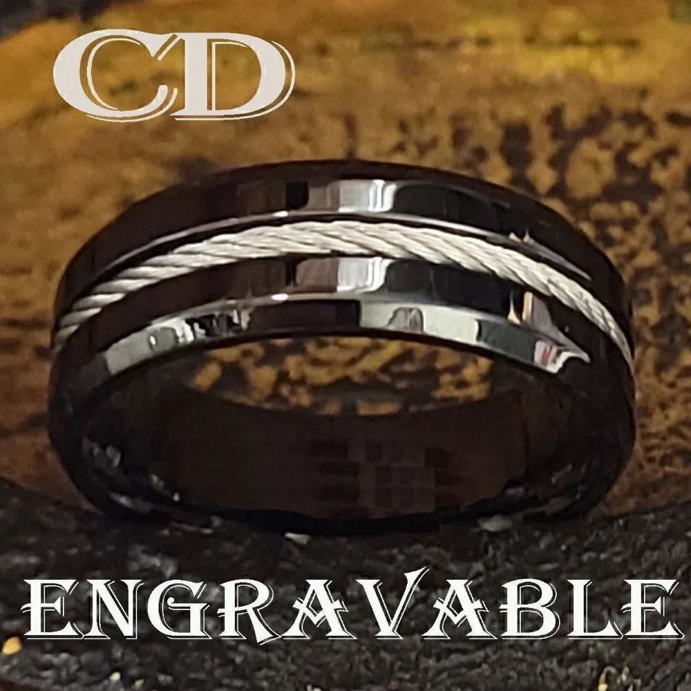 Personalized Engraved Men's Black Cable Inlay Wedding Ring - Guys Wedding Ring